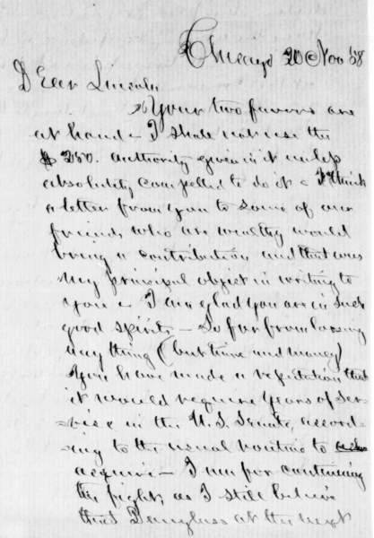 Norman Buel Judd to Abraham Lincoln, November 20, 1858 (Page 1)