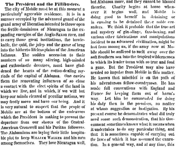 “The President and the Filibusters,” New York Times, November 23, 1858 (Page 1)