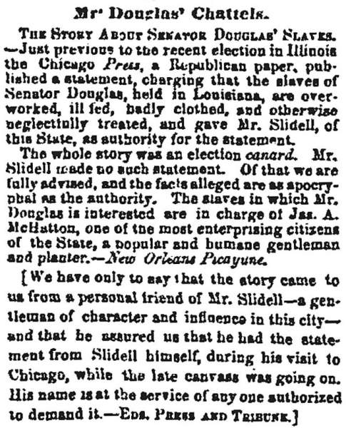 “Mr. Douglas’ Chattels,” Chicago (IL) Press and Tribune, December 3, 1858