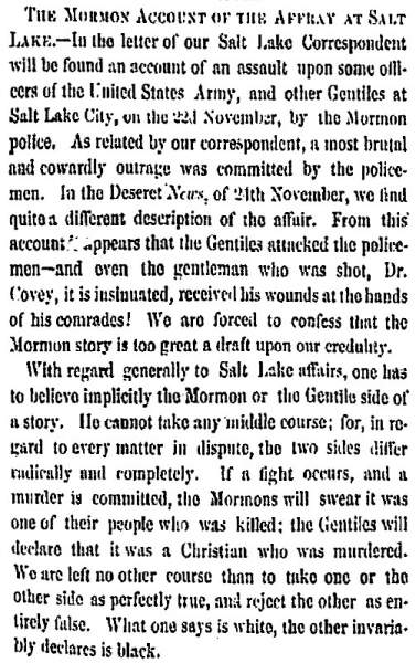 “The Mormon Account of the Affray at Salt Lake,” San Francisco (CA) Evening Bulletin, December 21, 1858