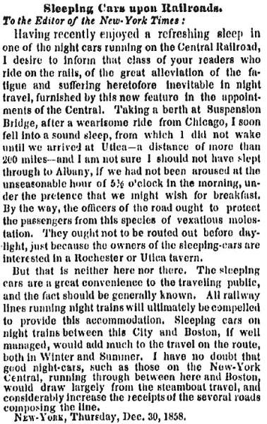 “Sleeping Cars upon Railroads,” New York Times, December 31, 1858