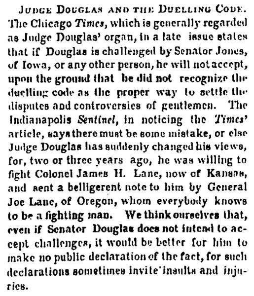 “Judge Douglas and the Duelling [Dueling] Code,” Memphis (TN) Appeal, January 11, 1859
