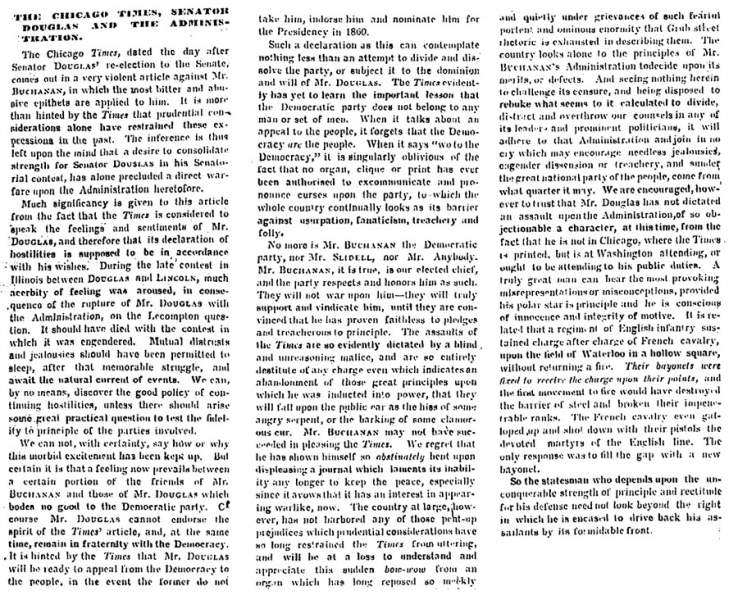 “The Chicago Times, Senator Douglas and the Administration,” Memphis (TN) Appeal, January 18, 1859