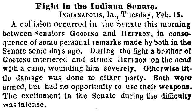 “Fight in the Indiana Senate,” New York Times, February 16, 1859 
