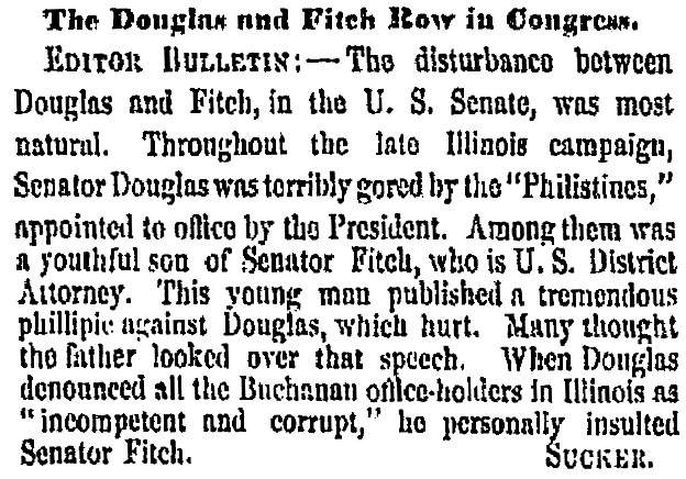 “The Douglas and Fitch Row in Congress,” San Francisco (CA) Evening Bulletin, February 18, 1859