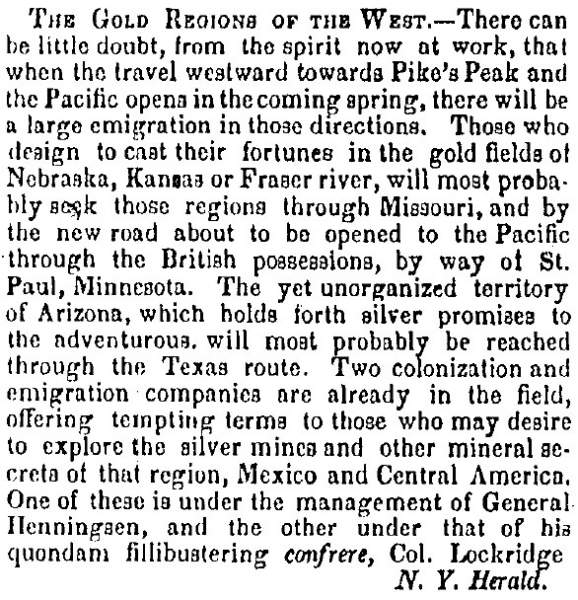 “The Gold Regions of the West,” Charleston (SC) Mercury, February 24, 1859