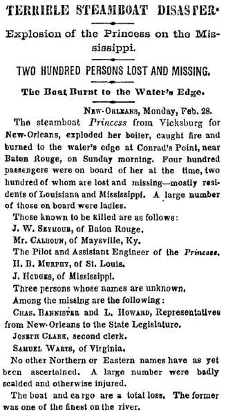 "Terrible Steamboat Disaster,” New York Times, March 1, 1859