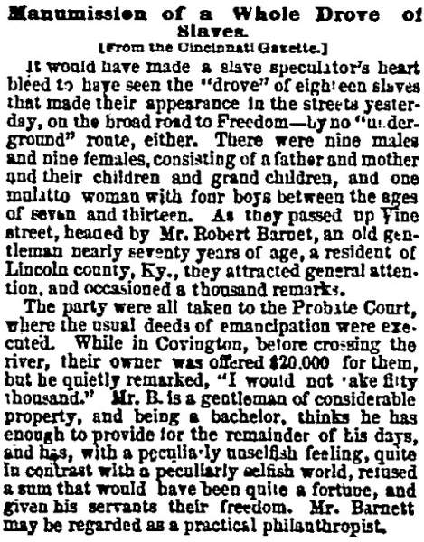 “Manumission of a Whole Drove of Slaves,” Chicago (IL) Press and Tribune, March 5, 1859