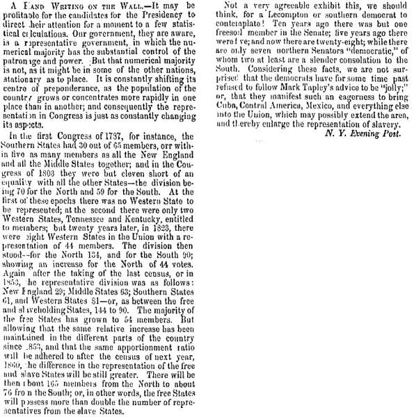 “A Hand Writing on the Wall,” Charleston (SC) Mercury, March 11, 1859