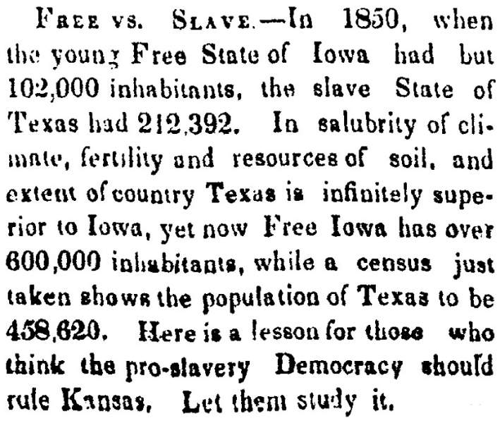 “Free vs. Slave,” Atchison (KS) Freedom’s Champion, March 26, 1859