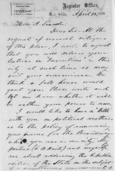 Thomas J. Pickett to Abraham Lincoln, April 13, 1859 (Page 1)