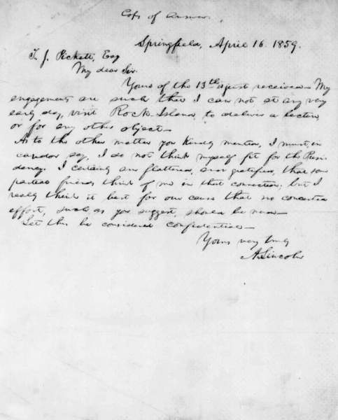 Abraham Lincoln to Thomas J. Pickett, April 16, 1859 (Page 1)