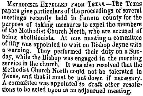“Methodists Expelled From Texas,” Charleston (SC) Mercury, April 18, 1859