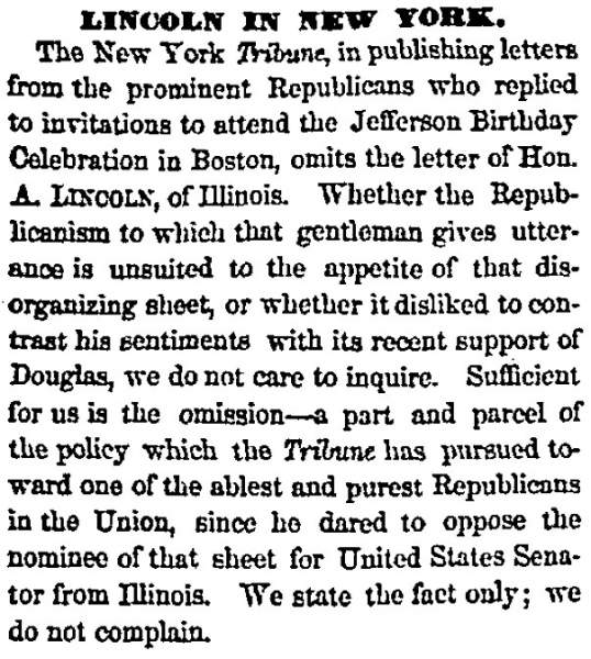 “Lincoln in New York,” Chicago (IL) Press and Tribune, April 21, 1859