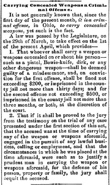 “Carrying Concealed Weapons a Criminal Offense,” Newark (OH) Advocate, April 27, 1859