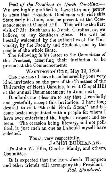 “Visit of the President to North Carolina,” Fayetteville (NC) Observer, May 19, 1859
