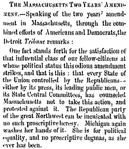 “The Massachusetts Two Years’ Amendment,” Milwaukee (WI) Sentinel, May 24, 1859