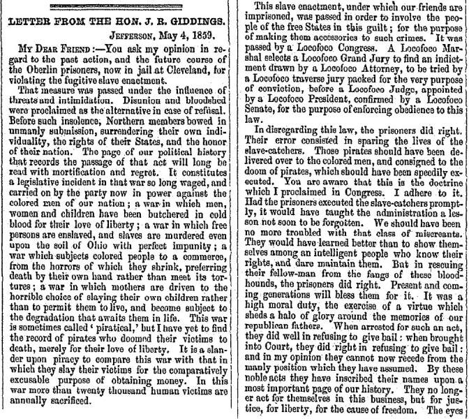 “Letter from the Hon. J. R. Giddings,” Boston (MA) Liberator, May 27, 1859 (Page 1)
