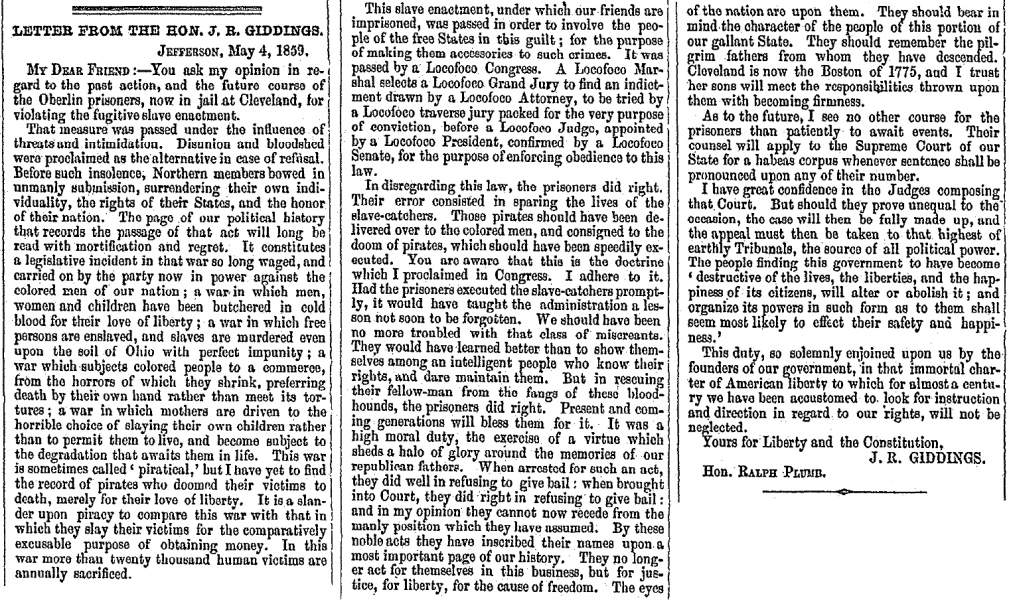 “Letter from the Hon. J. R. Giddings,” Boston (MA) Liberator, May 27, 1859, zoomable image