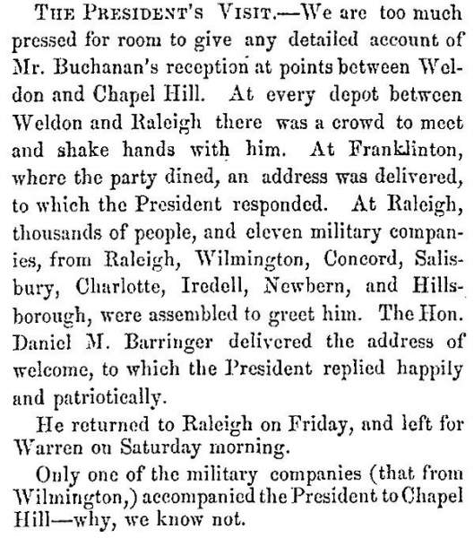 “The President’s Visit,” Fayetteville (NC) Observer, June 6, 1859