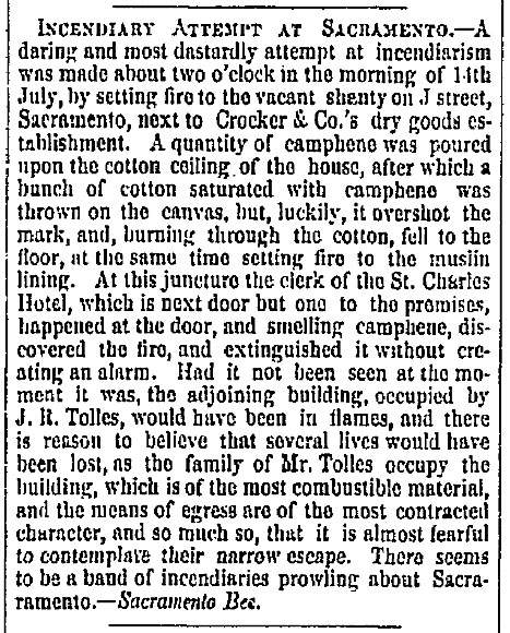 “Incendiary Attempt at Sacramento,” San Francisco (CA) Evening Bulletin, July 15, 1859