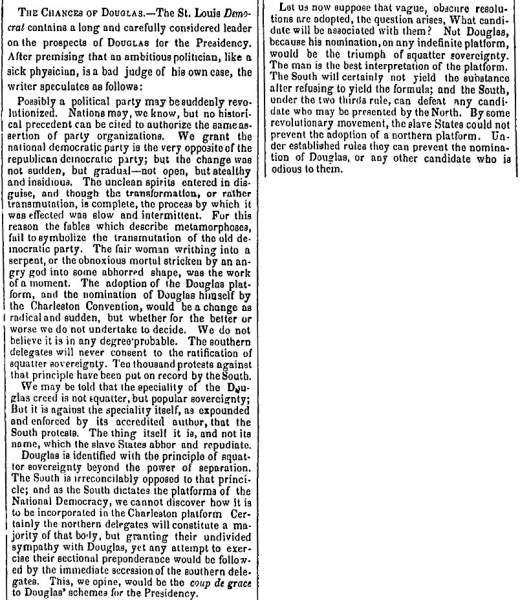 “The Chances of Douglas,” Charleston (SC) Mercury, July 28, 1859