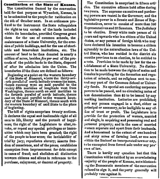“Constitution of Kansas,” Chicago (IL) Press and Tribune, August 12, 1859