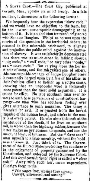“A Slave Code,” Charleston (SC) Mercury, August 16, 1859