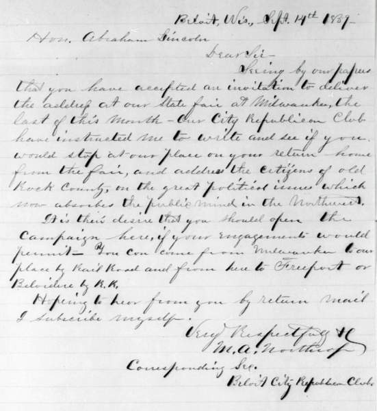 M. A. Northrop to Abraham Lincoln, September 14, 1859 (Page 1)