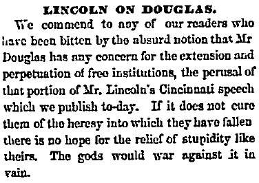 “Lincoln on Douglas,” Chicago (IL) Press and Tribune, September 21, 1859