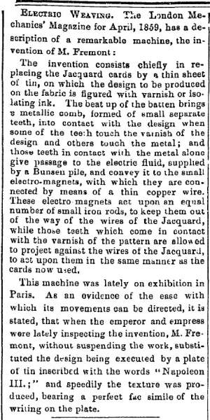 “Electric Weaving,” Lowell (MA) Citizen & News, October 7, 1859