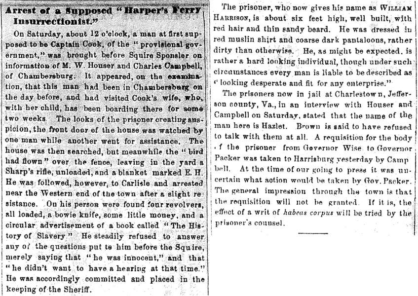 “Arrest of a Supposed ‘Harper’s Ferry Insurrectionist,’” Carlisle (PA) American, October 26, 1859