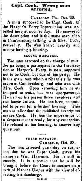“Capt. Cook – Wrong Man Arrested,” Atchison (KS) Freedom’s Champion, October 29, 1859