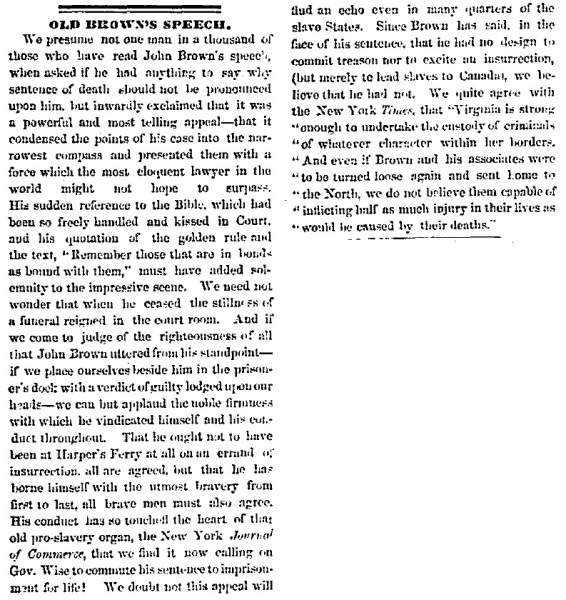 “Old Brown's Speech," Chicago (IL) Press and Tribune, November 4, 1859