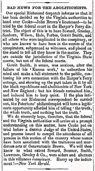 “Bad News for the Abolitionists,” Boston (MA) Liberator, November 11, 1859