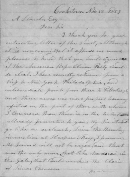 William E. Frazer to Abraham Lincoln, November 12, 1859 (Page 1)