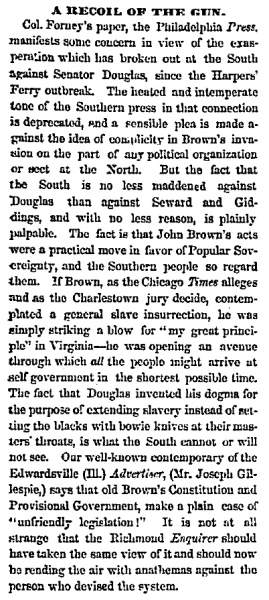 "A Recoil of the Gun", Chicago (IL) Press and Tribune, November 18, 1859