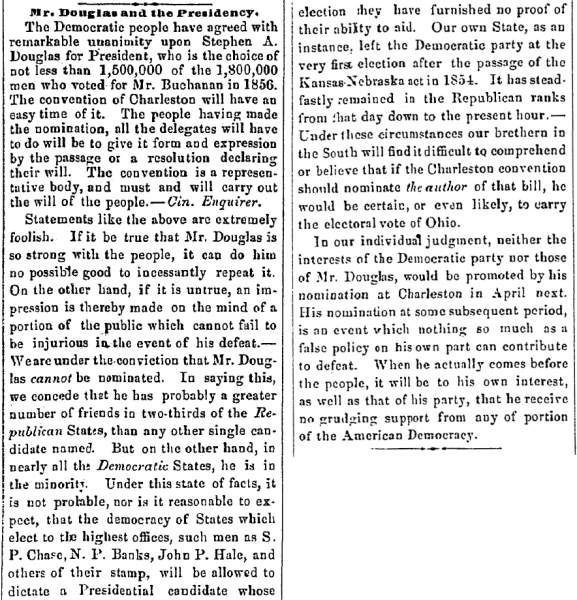 “Mr. Douglas and the Presidency,” Newark (OH), Advocate, December 23, 1859