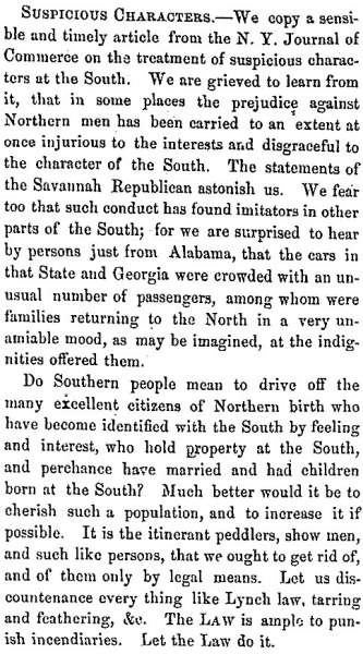 "Suspicious Characters," Fayetteville (NC) Observer, December 29, 1859