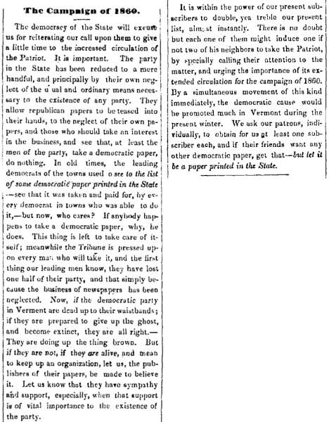 “The Campaign of 1860,” (Montpelier) Vermont Patriot, January 14, 1860