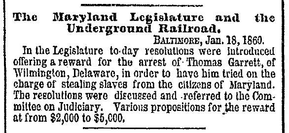 "The Maryland Legislature and the Underground Railroad," New York Herald, January 19, 1860