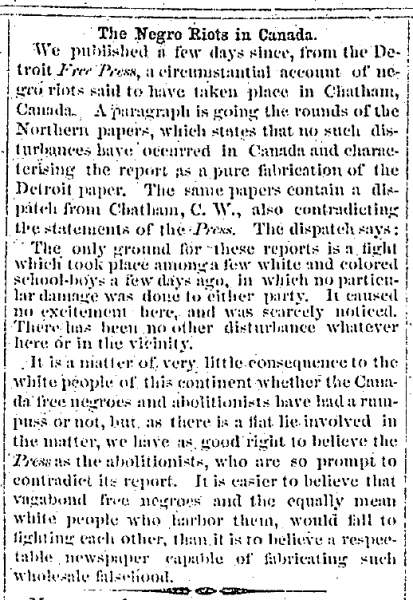 “The Negro Riots in Canada,” Savannah (GA) News, January 30, 1860