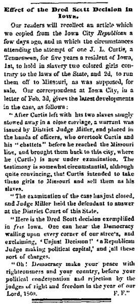 “Effect of the Dred Scott Decision in Iowa,” Chicago (IL) Press and Tribune, February 6, 1860