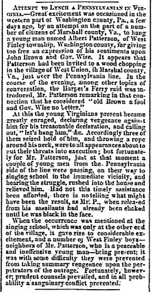 “Attempt to Lynch a Pennsylvanian in Virginia,” Chicago (IL) Press and Tribune, February 18, 1860