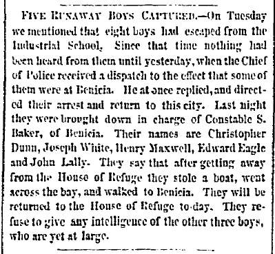 “Five Runaway Boys Captured,” San Francisco (CA) Bulletin, February 24, 1860