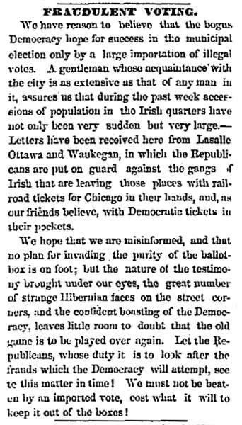 “Fraudulent Voting,” Chicago (IL) Press and Tribune, February 28, 1860