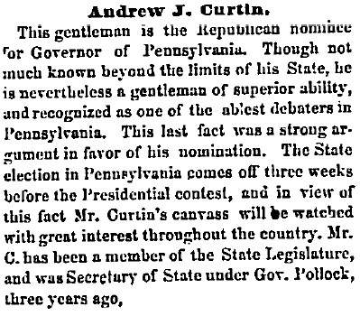“Andrew J. Curtin,” Chicago (IL) Press and Tribune, March 1, 1860