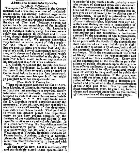 “Abraham Lincoln’s Speech,” Chicago (IL) Press and Tribune, March 2, 1860