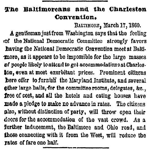 “The Baltimoreans and the Charleston Convention,” New York Herald, March 18, 1860