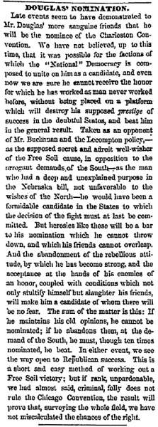 “Douglas Nomination,” Chicago (IL) Press and Tribune, April 21, 1860